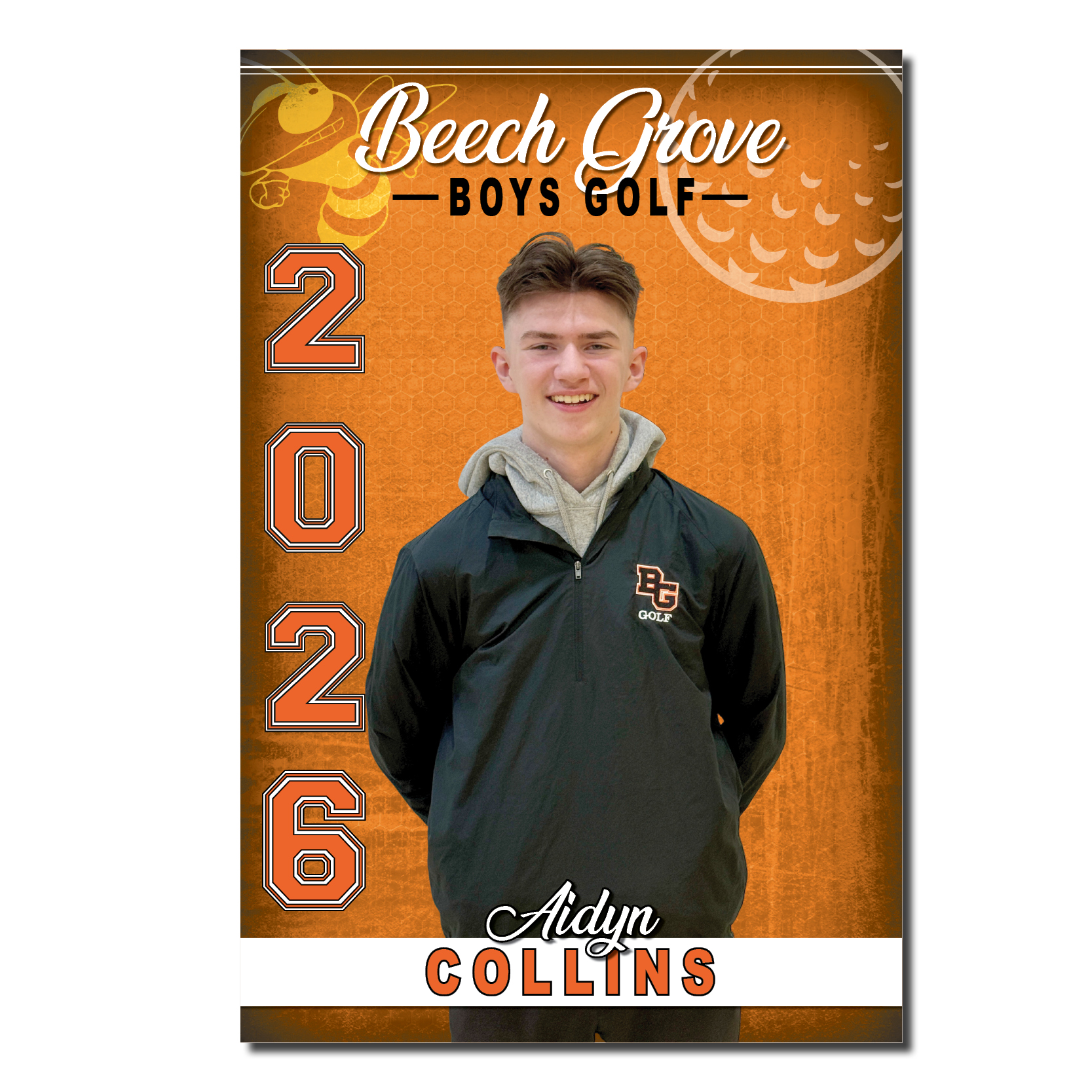 Beech Grove Boys Golf Deluxe Senior Banner featuring a cut-out photo of a senior athlete in a Hornets golf uniform against an orange background with golf graphics. The personalized 24" x 36" banner includes the athlete's first and last name, and graduation year "2026," making it ideal for Senior Night and golf recognition.
