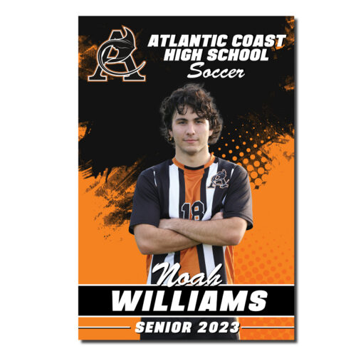 Atlantic Coast High School soccer senior banner featuring a soccer player in uniform with an orange and black design, school logo, and Senior 2023 text.