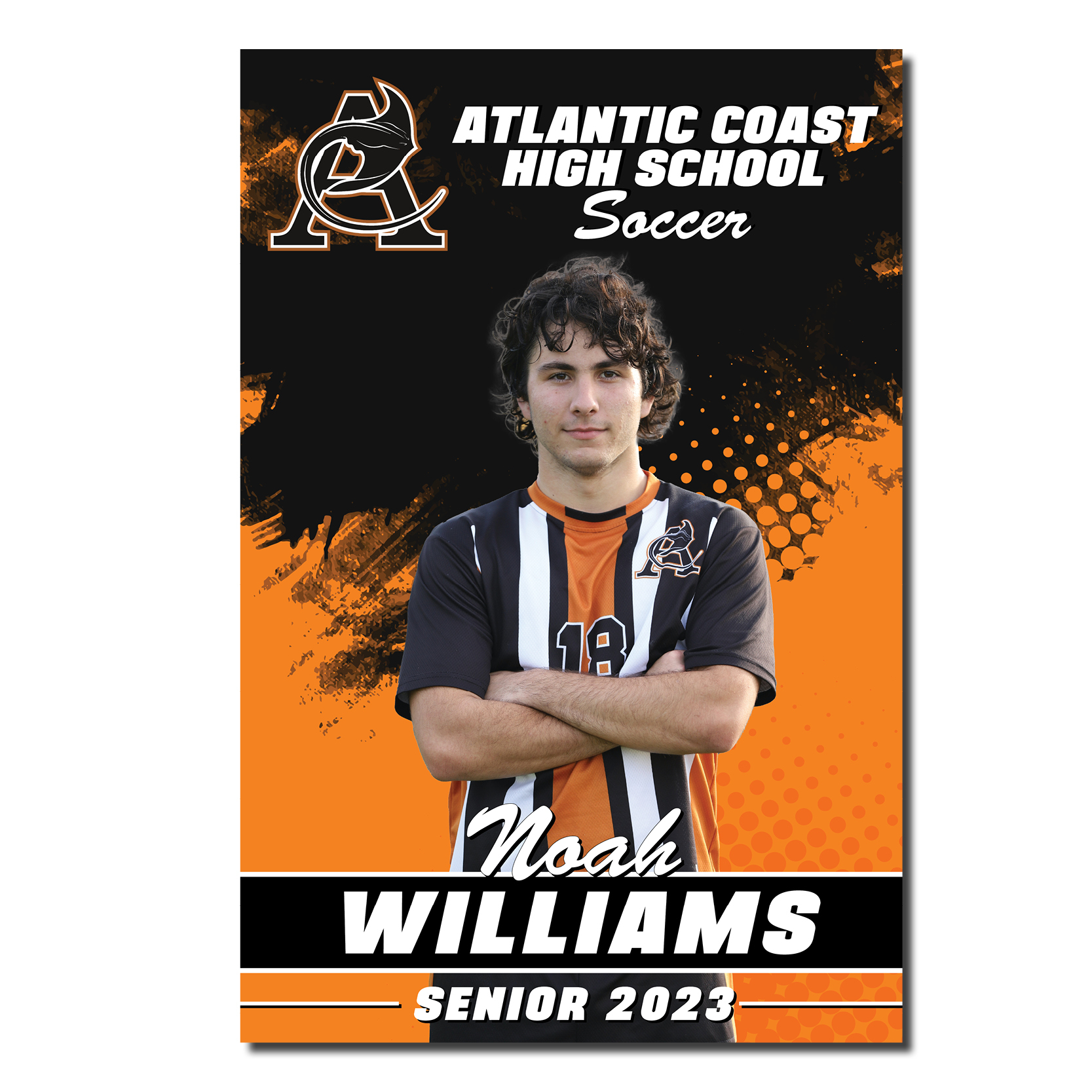 Atlantic Coast High School soccer senior banner featuring a soccer player in uniform with an orange and black design, school logo, and Senior 2023 text.
