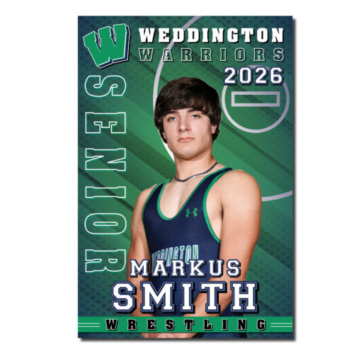 Deluxe Weddington Warriors Wrestling Senior Banner featuring a professionally cut-out photo of a senior wrestler in a Weddington wrestling singlet against a green wrestling-themed background. The personalized 24" x 36" banner includes the athlete's first and last name, graduation year "2026," and Weddington Warriors branding, making it ideal for Senior Night and wrestling senior recognition.