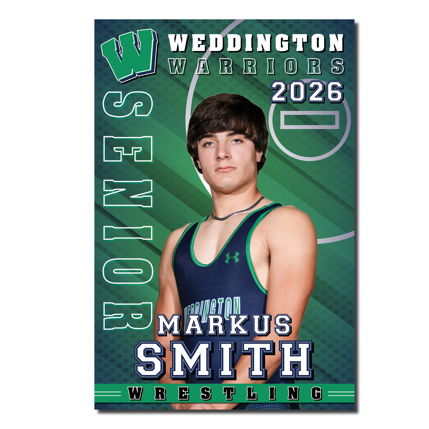 Deluxe Weddington Warriors Wrestling Senior Banner featuring a professionally cut-out photo of a senior wrestler in a Weddington wrestling singlet against a green wrestling-themed background. The personalized 24" x 36" banner includes the athlete's first and last name, graduation year "2026," and Weddington Warriors branding, making it ideal for Senior Night and wrestling senior recognition.