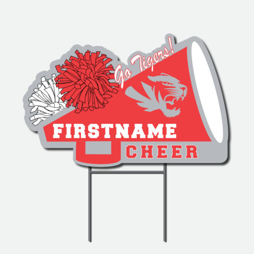 Personalized Fishers High School Tigers cheer yard sign featuring a red, white and gray megaphone, pom poms, school logo, and cheerleader name