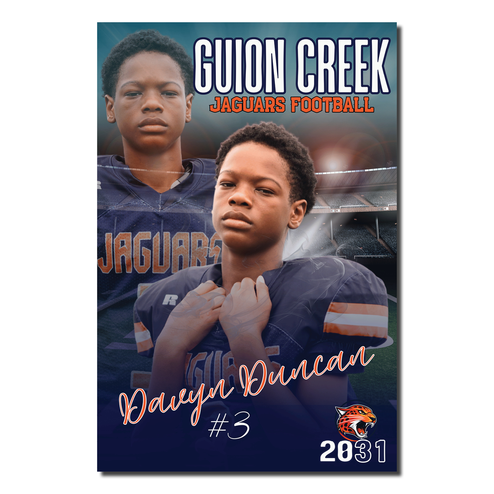 Guion Creek Jaguars football player banner featuring a personalized athlete photo, player name and jersey number, with a football stadium background and Jaguars branding.
