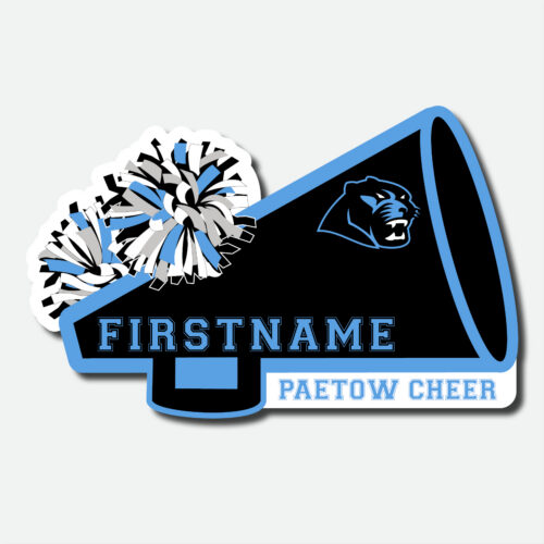 Personalized Paetow High School Panthers cheer decal featuring a blue and black megaphone, pom poms, school logo, and cheerleader name.