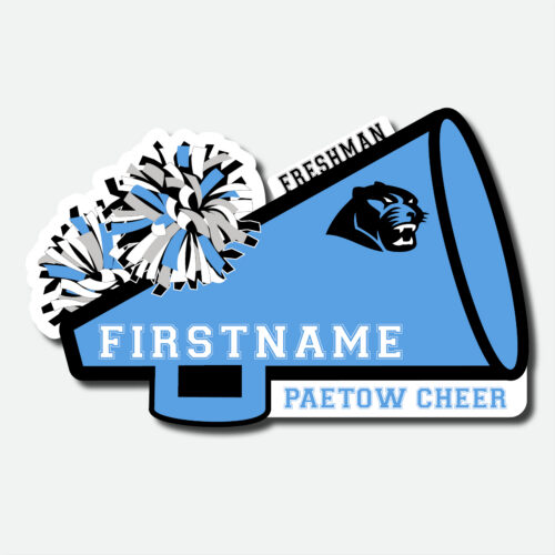Personalized Paetow High School Panthers Freshman cheer decal featuring a black and blue megaphone, pom poms, school logo, and cheerleader name.