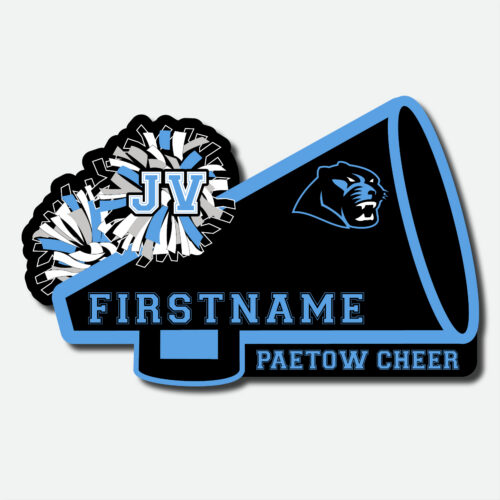 Personalized Paetow High School Panthers JV cheer decal featuring a blue and Black megaphone, pom poms, school logo, and cheerleader name.