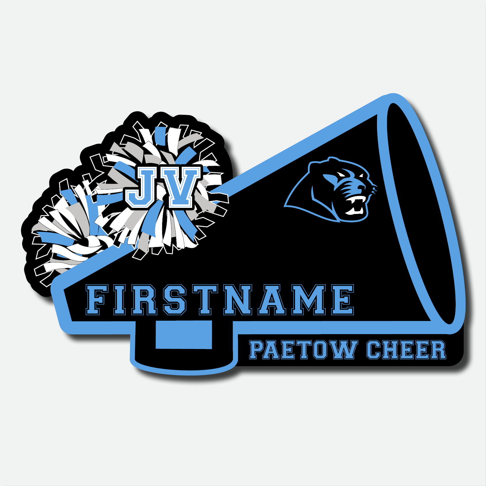Personalized Paetow High School Panthers JV cheer decal featuring a blue and Black megaphone, pom poms, school logo, and cheerleader name.