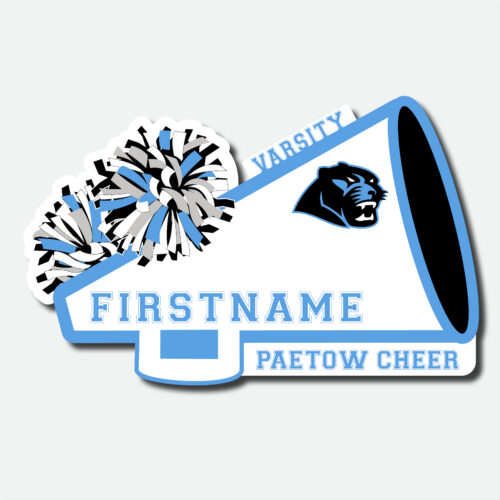 Personalized Paetow High School Panthers Varsity cheer decal featuring a blue and white megaphone, pom poms, school logo, and cheerleader name.