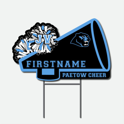 Personalized Paetow High School Panthers JV cheer yard sign featuring a blue and black megaphone, pom poms, school logo, and cheerleader name