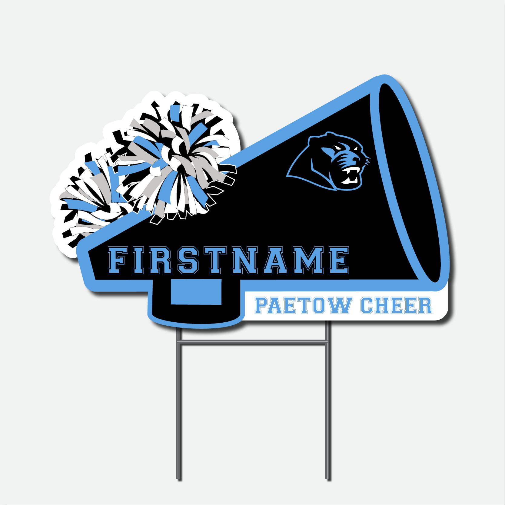 Personalized Paetow High School Panthers cheer yard sign featuring a blue and black megaphone, pom poms, school logo, and cheerleader name.