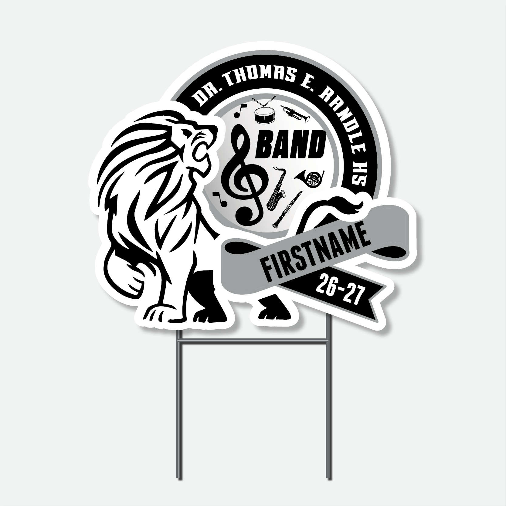 Personalized Thomas Randle High School Band yard sign with band graphic and student name.