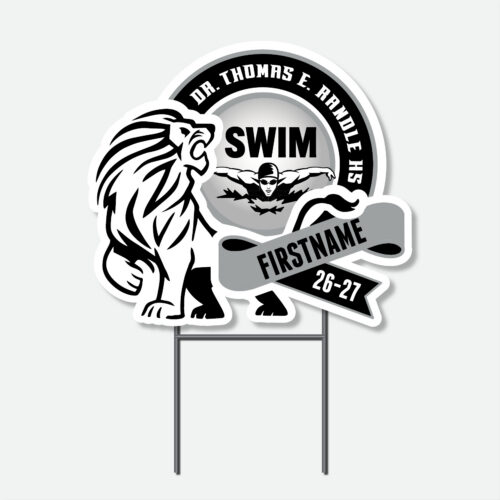 Personalized Thomas Randle High School Boys Swim yard sign with swimming graphic and student name.