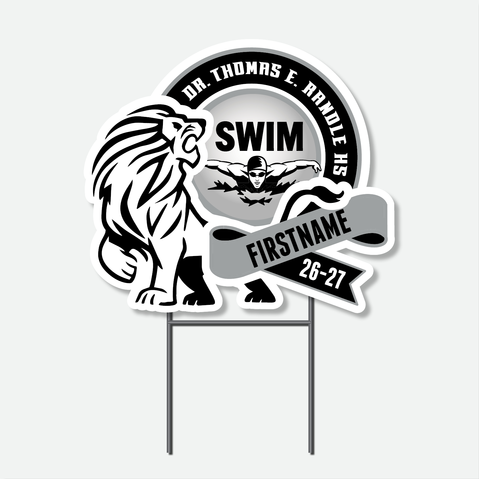 Personalized Thomas Randle High School Boys Swim yard sign with swimming graphic and student name.