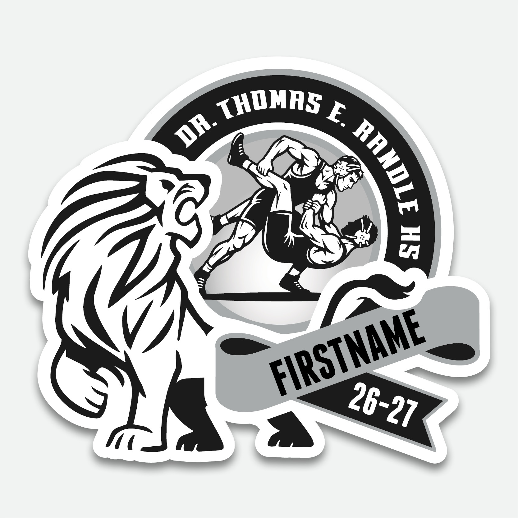 Personalized Thomas Randle High School Boys Wrestling decal with boys wrestling graphic and student name.