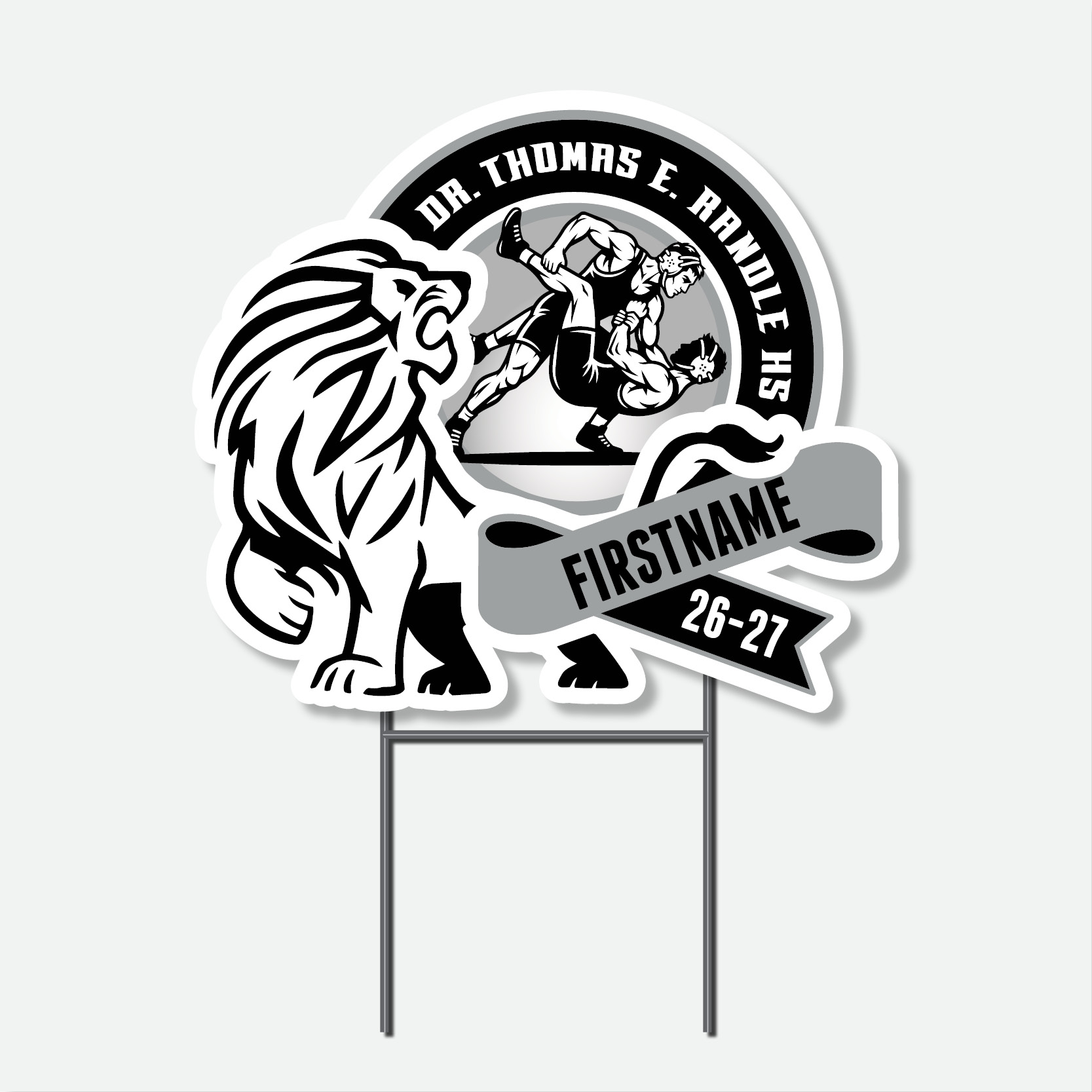 Personalized Thomas Randle High School Boys Wrestling yard sign with boys wrestling graphic and student name.
