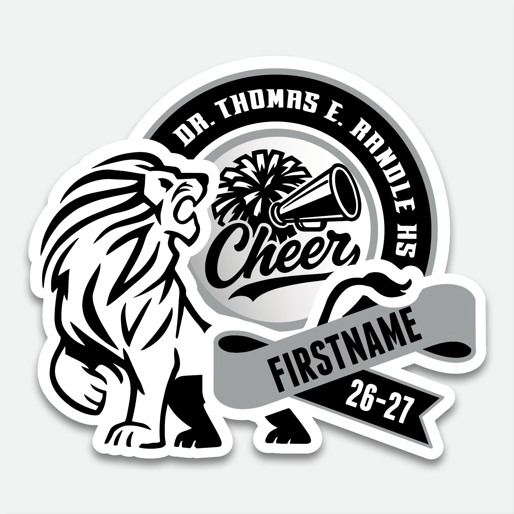 Personalized Thomas Randle High School Cheer decal with cheer graphic and student name.