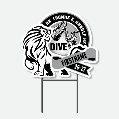 Personalized Thomas Randle High School Diving yard sign with diving graphic and student name.
