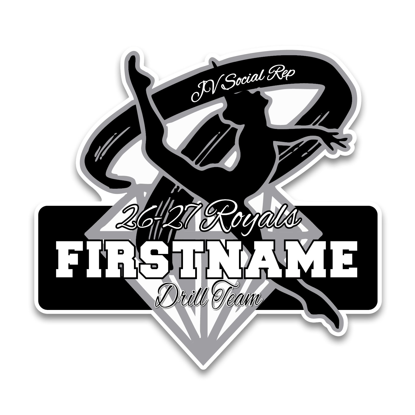 Personalized TRHS Drill Team Diamond decal featuring a dancer graphic, student name, and Drill Team JV Social Rep text.