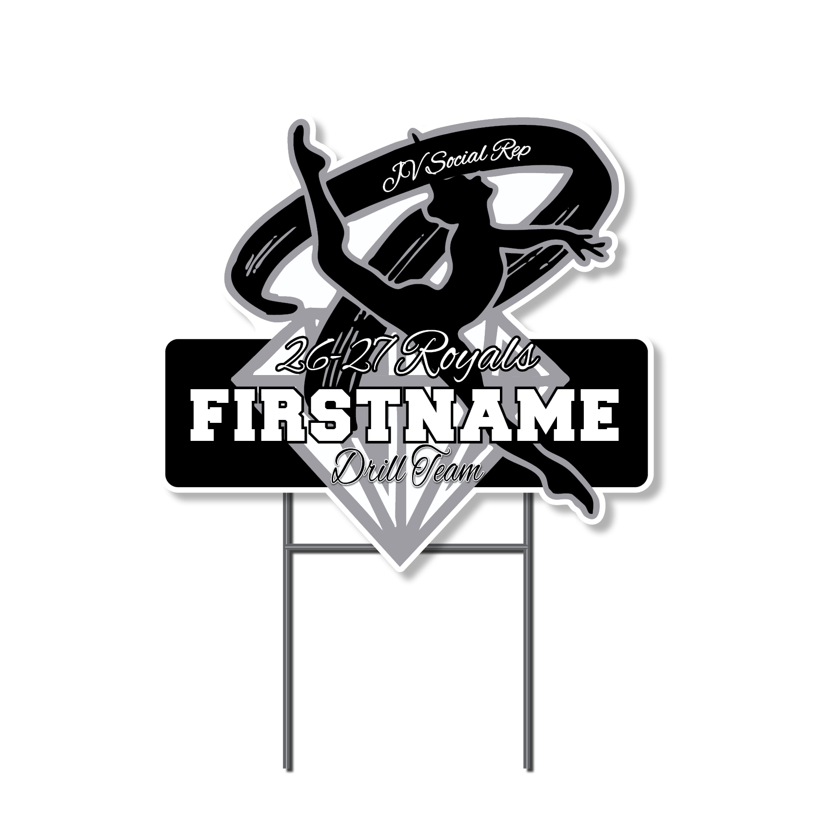 Personalized TRHS Drill Team Diamond yard sign featuring a dancer graphic, student name, and Drill Team JV Social Rep text.