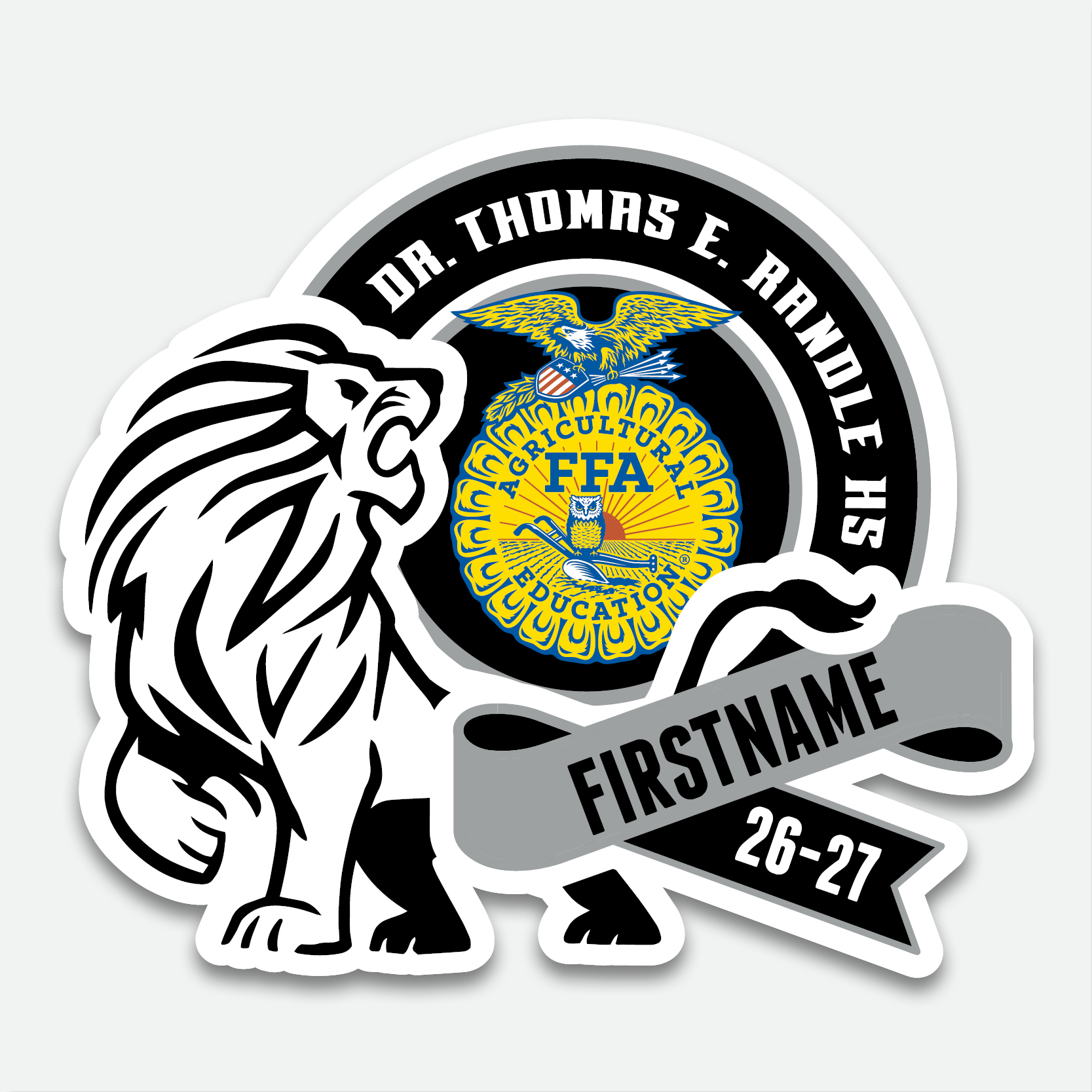 Personalized Thomas Randle High School FFA decal with FFA graphic and student name.