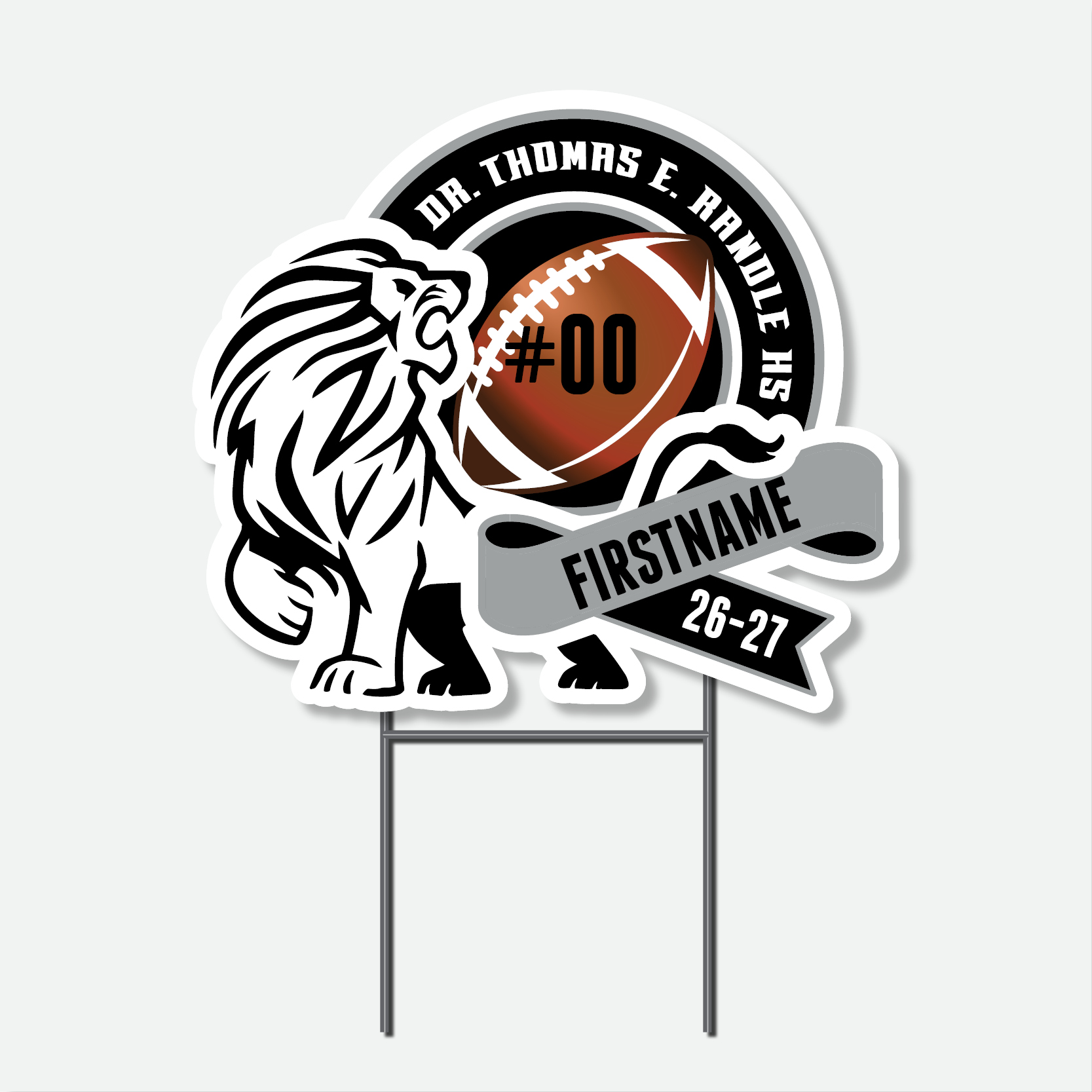 Personalized Thomas Randle High School Football yard sign with football graphic and student name.