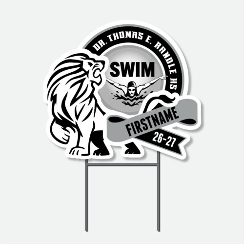 Personalized Thomas Randle High School Girls Swim yard sign with swimming graphic and student name.