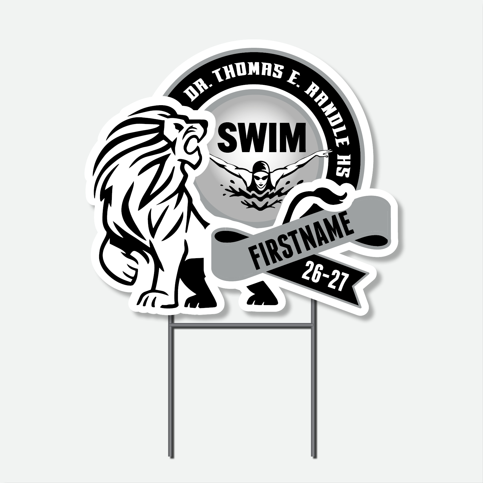Personalized Thomas Randle High School Girls Swim yard sign with swimming graphic and student name.