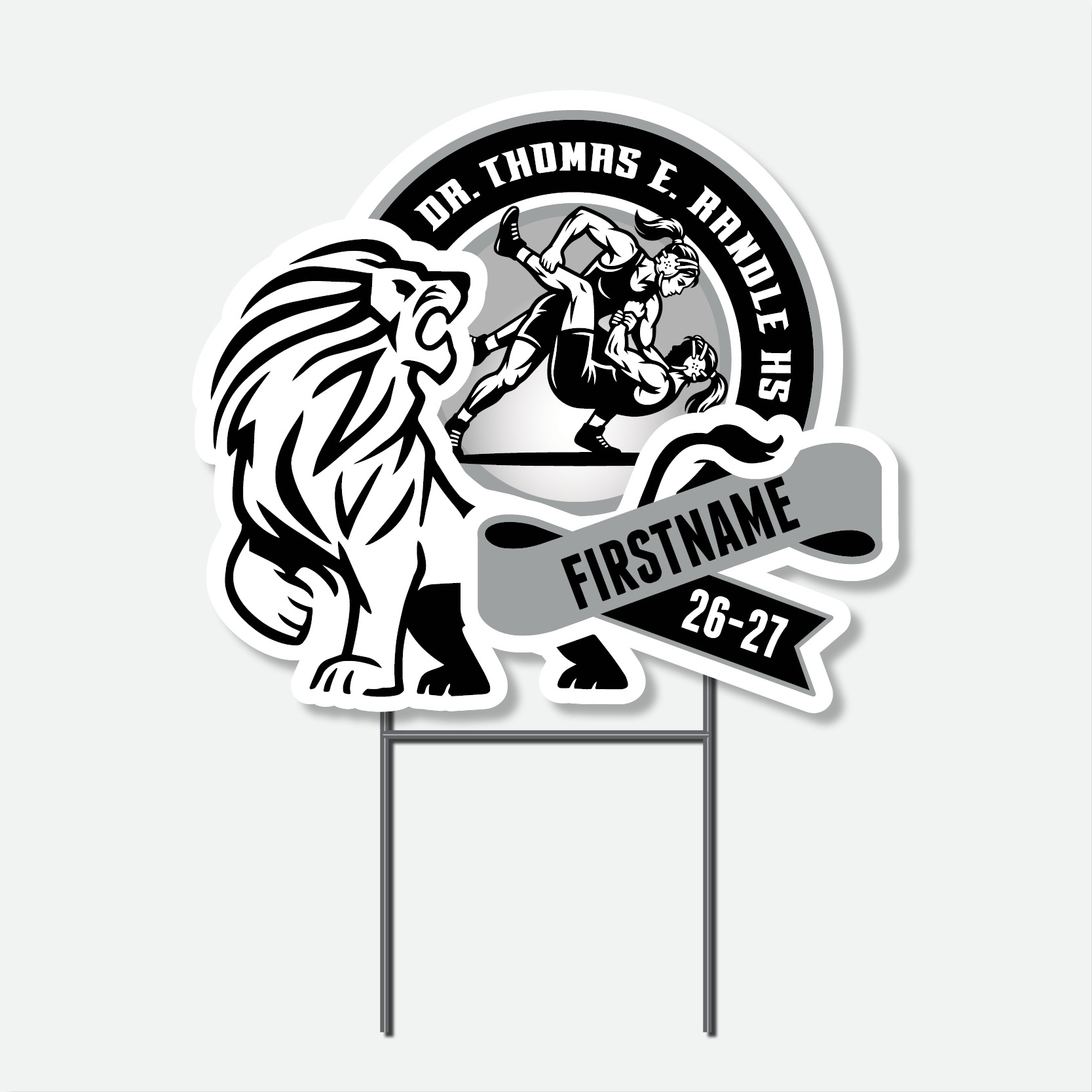 Personalized Thomas Randle High School Girls Wrestling yard sign with girls wrestling graphic and student name.