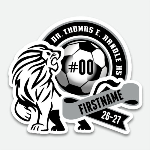 Personalized Thomas Randle High School Soccer decal with soccer graphic and student name.