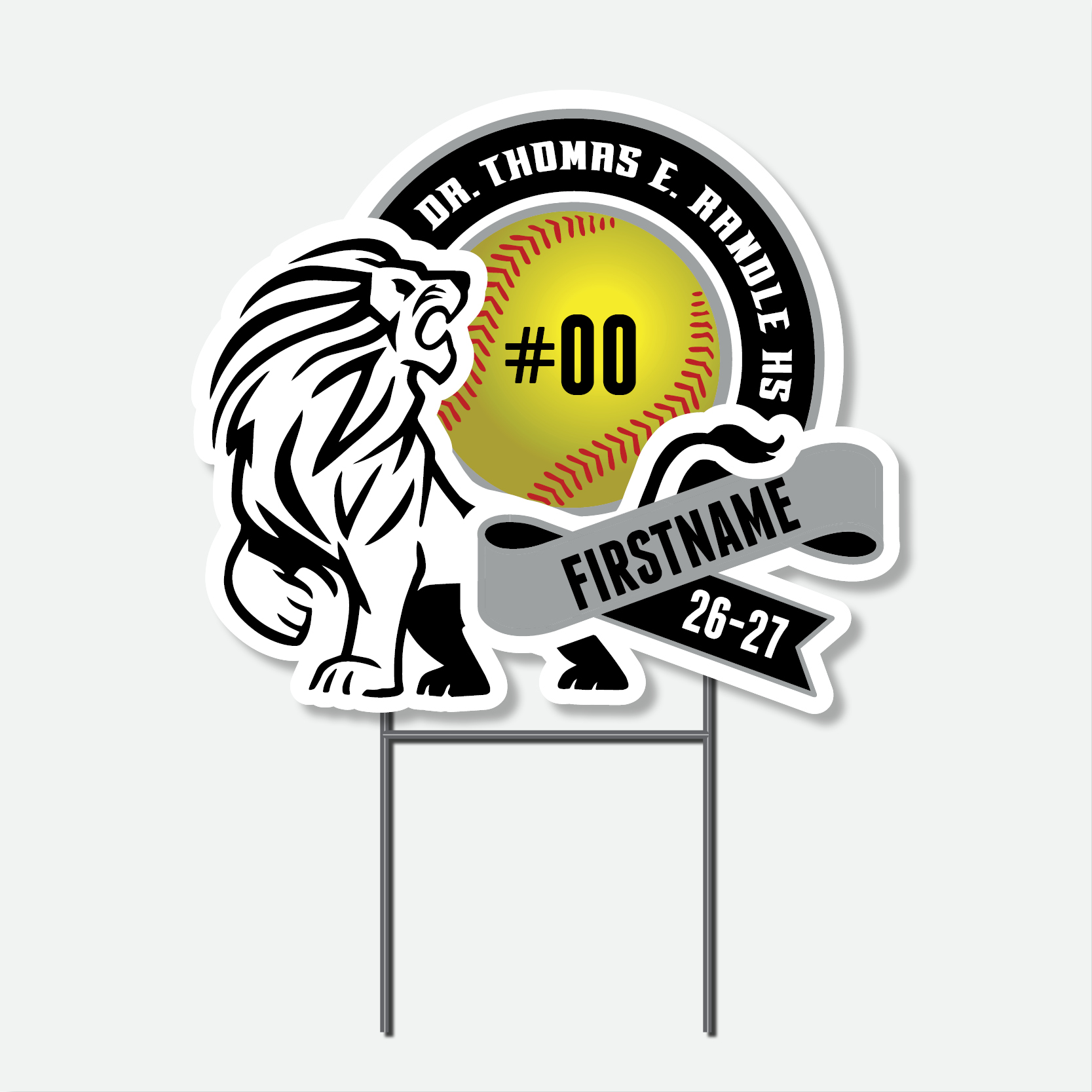 Personalized Thomas Randle High School Softball yard sign with softball graphic and student name.