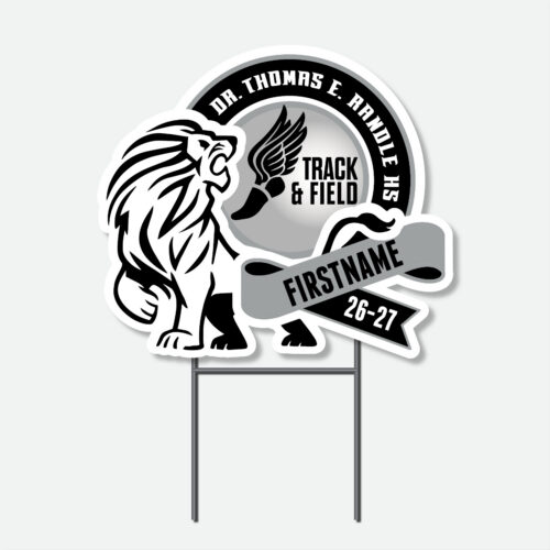 Personalized Thomas Randle High School Track & Field yard sign with track graphic and student name.