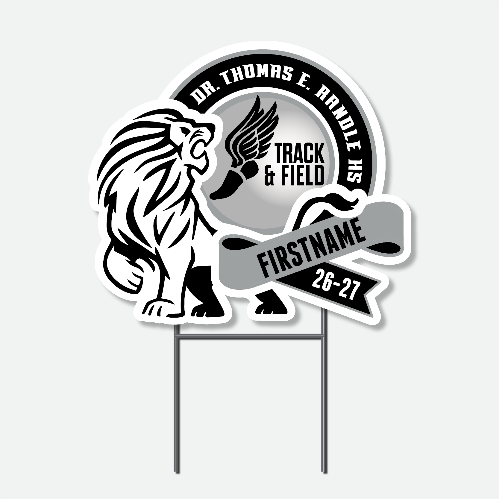 Personalized Thomas Randle High School Track & Field yard sign with track graphic and student name.