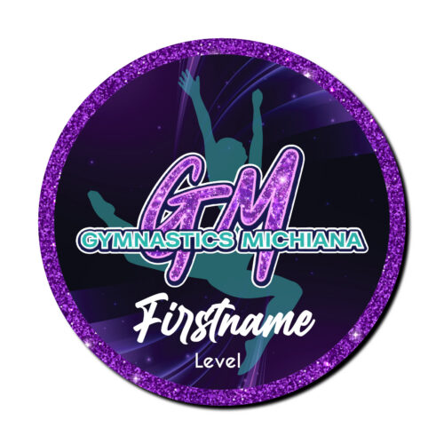 Personalized Gymnastics Michiana decal featuring a purple glitter gymnastics design, gymnast silhouette, first name, and level.