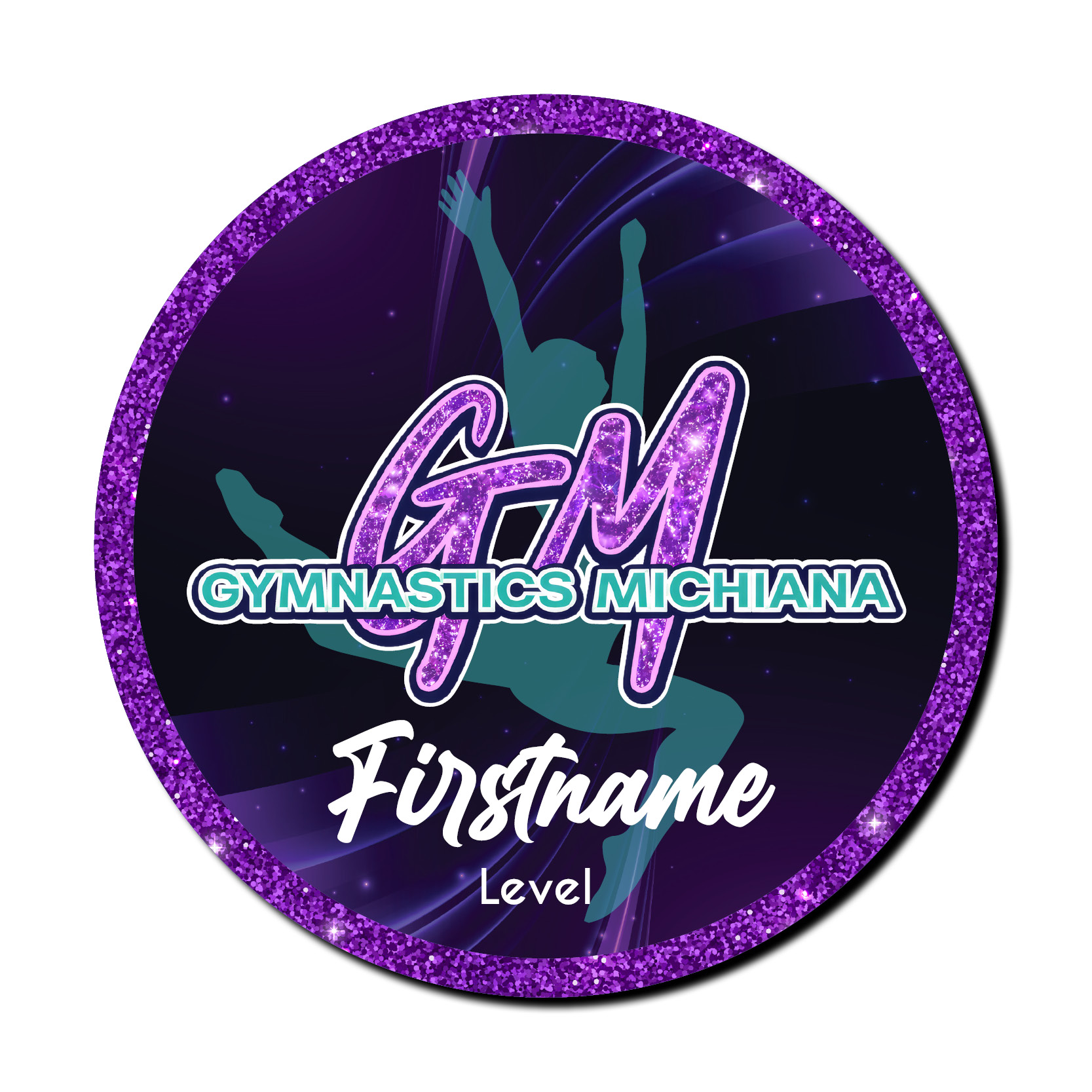 Personalized Gymnastics Michiana decal featuring a purple glitter gymnastics design, gymnast silhouette, first name, and level.