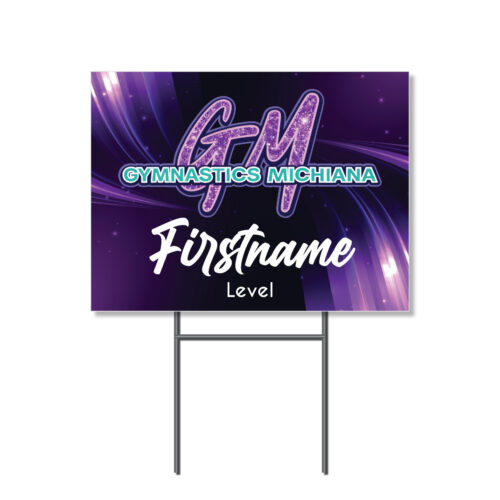 Personalized Gymnastics Michiana yard sign featuring a purple and glitter gymnastics design, first name, level, and H-stake.