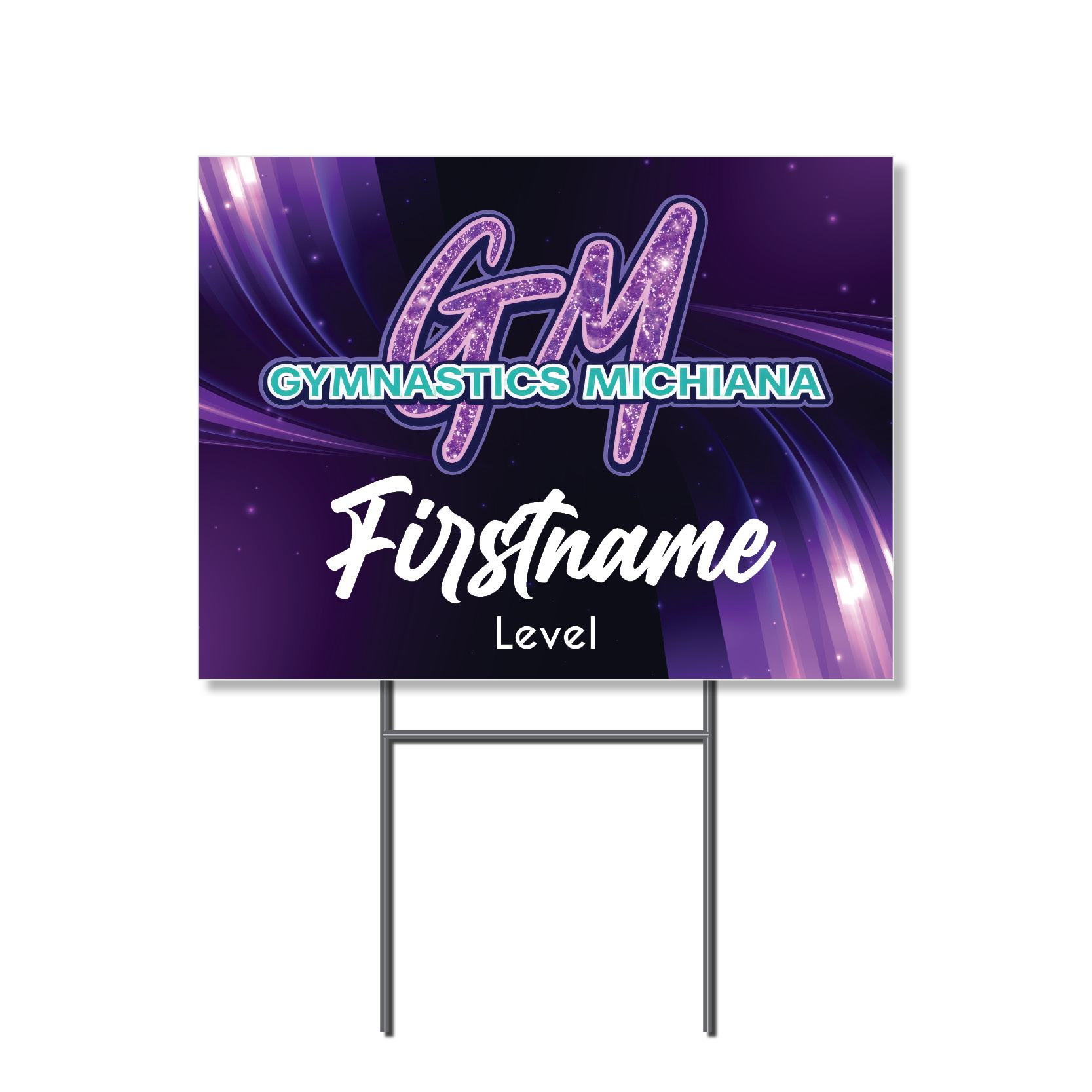 Personalized Gymnastics Michiana yard sign featuring a purple and glitter gymnastics design, first name, level, and H-stake.