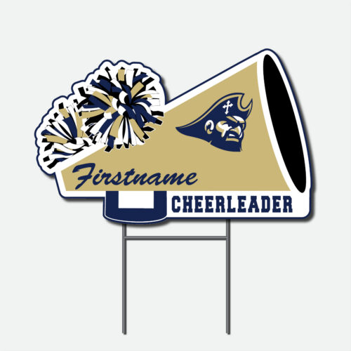 gold and navy cheer megaphone yard sign with pirate logo customized with first name