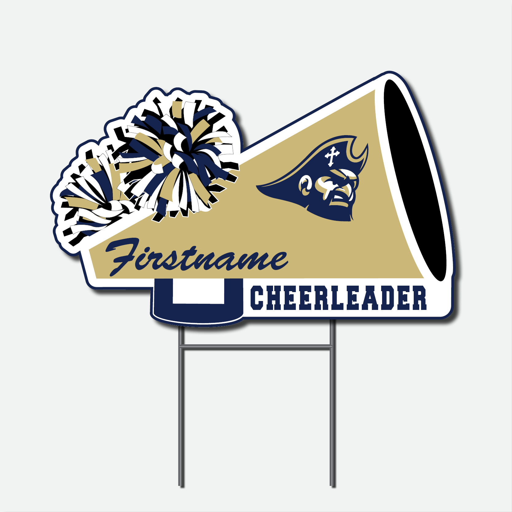 gold and navy cheer megaphone yard sign with pirate logo customized with first name